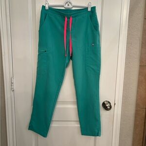 Women’s FIGS Yola Skinny Surgical Green Scrub Pants with Pink Drawstring